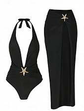 preiswerte Einteilige Badeanzüge-Damen Einteiler Badeanzug mit Rock Monokini Bauchkontrolle Hohe Taille Slim Rückenfrei Elegant Urlaub Einfarbiger V-Ausschnitt Ärmelloses Badeanzug
