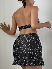 tanie 3-częściowy zestaw bikini-Strój Kąpielowy Damski Bikini 3 Częściowy Z Spódnicą Smukły Bez Pleców Letni Strój Plażowy Kwiatowy Sznurek Bez Rękawów