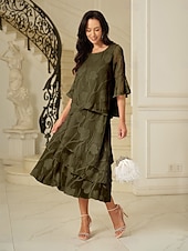 levne Šifónové sukně-Dámské Elegantní Na běžné nošení Midi Středně vysoký pas Sukně Květinový Krajka Volány Nepravidelný lem Lehce elastické Rande Běžné / Denní Olivová Jaro. Podzim. Zima. Léto Polyester