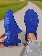 billige Sneakers til kvinner-Knallrøde slip-on-sko til dame med pustende strikk – lette og komfortable joggesko for hverdagsaktiviteter, reiser og uformelle utflukter