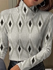 お買い得  ストライプ＆ジオメトリックTシャツ-女性用 Tシャツ プリント グラフィック 幾何学模様 ゼブラ柄 エレガント ヴィンテージ スタイリッシュ 長袖 タートルネック ハイネック レギュラートップス 日常 ブラック グリーン ベージュ 春 秋 冬