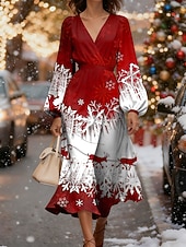 preiswerte Weihnachtskleider-Weihnachten Damen Midikleid A Linie Kleid Urlaub Lässig Party Täglich Abendgesellschaft Normale Passform Grafik Schneeflocke Langarm V Ausschnitt Blau Rote Purpur Grün Herbst Winter