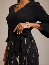 ieftine Rochii cu paiete-Pentru femei Rochie Maxi Rochie A line Rochie din Tul Elegant Serată Petrecere Paiete Brodat Fit regulat Frunză Lungime Manșon 3/4 În V Negru