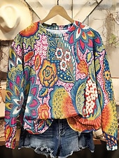 economico Arte &amp; Design Tops-Per donna Felpa Pullover Patchwork Grafico Geometrico Casual Manica Lunga Girocollo Top Regolari Casuale Streetwear Abbigliamento Quotidiano Blu Giallo Arancione Autunno Inverno