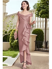 cheap Ankle Length-Sheath Column Asymmetrical Ankle Length Satin Dress Party Dress Cocktail Dress Mother of the Bride Dress Short Sleeve Off Shoulder Elegant Vintage Formal Wedding Guest Holiday Satin with Ruffles