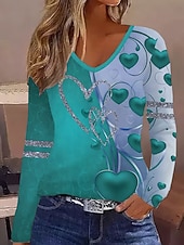 Χαμηλού Κόστους Τέχνη &amp; Σχεδίαση μπλουζάκι-Γυναικεία Μπλουζάκι Στάμπα Ombre Καρδιά Γραφική Βίντατζ Στυλάτο Κλασσικό Μακρυμάνικο Λαιμόκοψη V Κανονικά μπλουζάκια Καθημερινά Θαλασσί Ρουμπίνι Βυσσινί Πράσινο του τριφυλλιού Άνοιξη Φθινόπωρο