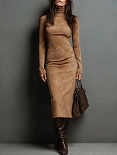 baratos Vestido Listrado e Geométrico-Mulheres Vestido midi Vestido da bainha Férias Casual Boho Diário Encontro Delgado Tecido Manga Longa Gola Alta Marron Escuro Castanho Claro Cinzento Outono Inverno