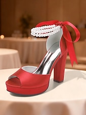 baratos Sandálias de Plataforma-Sandálias femininas de salto alto plataforma em cetim roxo com tira de pérolas no tornozelo - sapatos de festa glamorosos de bico aberto para eventos noturnos, casamentos e coquetéis.