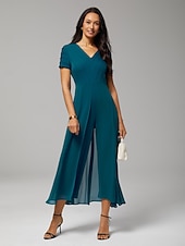 ieftine Jumpsuits-Dame Femeie Rochie casual Salopetă Albastru păun Manșon scurt Mânecă scurtă Simplu Multistratificat Vară Primăvară Toate Sezoanele În V Rotund Elegant Modern Fluid S M L