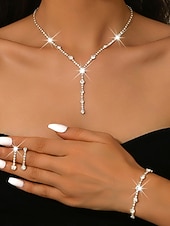 abordables Collier pour femme-Ensemble de bijoux pour femme en strass dorés : collier élégant en forme de Y et boucles d’oreilles pendantes &amp;Bracelet, accessoires en cristal étincelants pour bals de fin d'année et fêtes