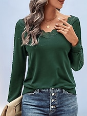 abordables T-shirt uni-Femmes Chemisier Dentelle Patchwork Uni Actif Occasionnel manche longue Col en V Hauts Réguliers Quotidien Fête Sortir Vert Emeraude Gris foncé Été Automne