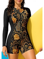 Недорогие Рашгард One Pieces-Жен. Рашгард Купальный костюм Бойлег Цветочный принт Огурцы Застегнуться Съёмные вставки Передняя молния УФ-защита от солнца UPF50+ Ультралегкий (UL) Длинный рукав Купальники Рашгард