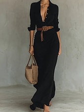 baratos Vestido Boho de Algodão e Linho-Mulheres Vestido Longo Vestido Maxi Camisetão Moderno Diário Ao ar livre Para Noite Normal Tecido Manga Longa Colarinho de Camisa Preto Branco Azul Marinha Cáqui Primavera Outono