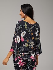 abordables camisas, tops y blusas-Blusa de mujer negra floral, manga 3/4, suelta, cuello redondo, informal, elegante, para vacaciones, primavera, verano y otoño.