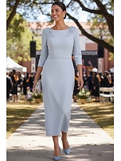 billiga Ankel längd-Åtsmitande Ankellång Festklänning Cocktail klänning Bröllopsgästklänning Klänning till brudens mor 3/4 ärm Rund hals Elegant Formell Stretch crepe med Applikationsbroderi Enfärgat