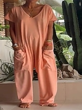 levne Overal pro plnoštíhlé-Dámské Běžný Kombinéza Elegantní Pevná barva Krátký rukáv Rovné Do V Slátanina Kapsy Dovolená Domů Běžný Vodní modrá Bílá Žlutá Léto