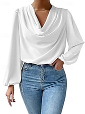 preiswerte Schicke Blusen-Damen Hemd Elegant Satin-Top Bluse Gerafft Patchwork Drapiert Einfarbig Einfach Elegant Vintage Täglich Langarm Laternenärmel Asymmetrisch Normale Oberteile Täglich Arbeit Ferien Blau Schwarz Wei