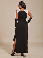 preiswerte abendkleider-Damen Maxikleid Etui-Kleid Wickelkleid Elegant Abendgesellschaft Hochzeit Hochzeitsgast Gerafft Spitze Asymmetrisch Normale Passform Einfarbig Ärmellos Dreiviertelarm V Ausschnitt Schwarz