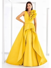 voordelige A-Lijn Avondjurken-A-lijn Tot de grond Avondjurken Elegant Zijdeachtig Mouwloos V-hals Formeel Bruiloft Zak Satijn met Geplooid Zak 2025