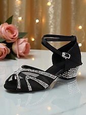 economico Scarpe per balli latini-Scarpe da ballo da sala da donna con strass - tacchi latini aperti in rete con tacco basso a blocco, stile festa scintillante per salsa, tango &amp;eventi di danza formale