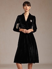 abordables Robe Simple-Femmes Robe Midi Robe trapèze Élégant Soirée Coupe régulière Couleur Unie manche longue Col en V Noir Printemps Automne Hiver