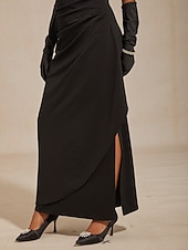 preiswerte abendkleider-Damen Maxikleid Etui-Kleid Wickelkleid Elegant Abendgesellschaft Hochzeit Hochzeitsgast Gerafft Spitze Asymmetrisch Normale Passform Einfarbig Ärmellos Dreiviertelarm V Ausschnitt Schwarz