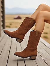 tanie Kowboj i zachodnie buty-jasnobrązowe kowbojskie buty damskie w stylu western – buty kowbojskie do połowy łydki na grubym, klockowym obcasie, idealne na festiwale muzyki country, rodeo i modę jesienną