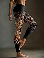 preiswerte Viking-Druck-Damen Leggings Vintage Ethno-Stil Lässig Volle Länge Hohe Taille Grafik Abstrakt 3D-Druck Schnelltrocknend Atmungsaktivität Weich Hohe Elastizität Täglich Straße Athleisure Blau Gelb Grün Herbst