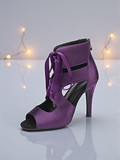 abordables Zapatos de baile latino-Zapatos de tacón de satén con cordones para baile latino de mujer - zapatos profesionales de salón de baile con punta abierta para bailarinas