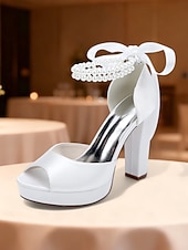 baratos Sandálias de Plataforma-Sandálias femininas de salto alto plataforma em cetim roxo com tira de pérolas no tornozelo - sapatos de festa glamorosos de bico aberto para eventos noturnos, casamentos e coquetéis.
