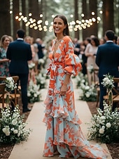 baratos Comprimento do chão-Vestido de Convidada de Casamento em Comprimento de Chão com Mangas Longas e Decote em V Vestido de Mãe da Noiva Vestido de Festa com Estampa
