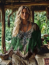 preiswerte Boho-T-Shirt-Damen Boho-T-Shirt Grafik Geometrisch Abstrakt Elegant Bohemien Vintage Langarm V Ausschnitt Normale Oberteile Täglich Wochenende 3D-Druck Grün Sommer Frühling Herbst Winter