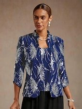 Mulheres Blusa Tops elegantes Tops de noite Paetês Pena Elegante Manga 3/4 Colarinho Mandarim Tops regulares Festa de Noite Traje formal Traje para coquetel Azul Real Primavera Outono Inverno