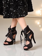 abordables Zapatos de baile latino-Zapatos de tacón de satén con cordones para baile latino de mujer - zapatos profesionales de salón de baile con punta abierta para bailarinas