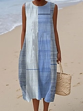 tanie Sukienki w paski i geometryczne-Midi sukienka lniana sukienka wakacyjna sukienka typu shift w kształcie litery A wakacyjna casualowa boho na plażę na wyjście luźna graficzna geometryczna bez rękawów okrągły dekolt niebieska biała