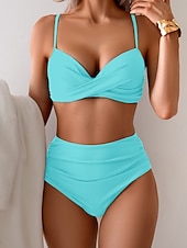economico Bikini-Costume da bagno da donna bikini a 2 pezzi con arricciature sbarazzino controlla pancia vita alta schiena scoperta abbigliamento da spiaggia per le vacanze costumi da bagno senza maniche a collo V di