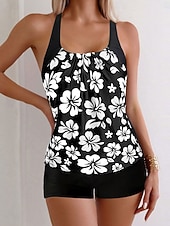 Χαμηλού Κόστους Τανκίνι-Γυναικείο Τανκίνι 2 Κομμάτια Μαγιό Σορτσάκι Έλεγχος Κοιλιάς Ψηλόμεσο Λεπτό Χωρίς Πλάτη Θέρετρο Παραλίας Λουλούδια U Λαιμός Αμάνικο Μαγιό