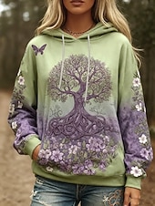 billige Kunst og design topper-Dame Pullover hettegenser-genser Grafisk Geometrisk Abstrakt Varm Årgang Fritid Langermet Med hette Vanlige topper Gate Hverdag Avslappet Trykt mønster Lomme foran Blå Grønn Høst Vinter