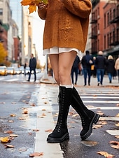 economico Stivali da combattimento-stivali alti fino al ginocchio con lacci marrone scuro da donna – stivali stile combattimento con suola spessa per outfit alla moda, passeggiate all'aperto, viaggi e uso quotidiano