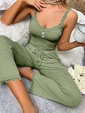 abordables Tops y pantalones de dormir para mujer-Mujer Conjunto pijama Casual Confort Color puro Cintura elástica Top de tirantes Pantalón Hogar Diario Sin Mangas Correas Azul Piscina Negro Rosa Azul Marino Verde Trébol Verano Primavera Otoño