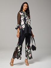 preiswerte Hemden, Tops und Blusen-Damen Bluse schwarz Blumendruck Stretch Chiffon Ärmel U-Boot-Ausschnitt lässig bequem Frühling Sommer Herbst Urlaub