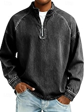 preiswerte Basic-T-Shirts-Herren Hemd aus 100 % Baumwolle in Säurewaschung T-Shirt Langarm Stehkragen Frühling Herbst Herbst Winter Einfach Vintage Streetwear Lässig Reißverschluss Basic Lässig Heim Straße Schwarz Rosa