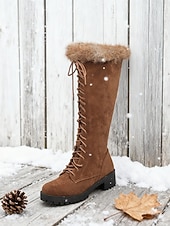 cheap Snow &amp; Winter Boots-Women's Brown Lace-Up Fur Lined Boots - Knee-High Winter Boots with Warm Faux Fur Collar for Outdoor Snow and Holiday Wear
