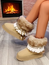 billige Snow &amp; Winter Boots-Brune, koselige støvletter med fuskepelsfôr og heklede detaljer til dame – uformelt vintersko med perledetaljer og mykt plysjfôr, perfekt til jul, høytidsgaver og uformelle vinterturer.