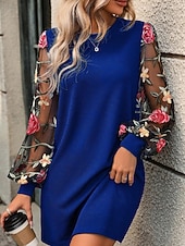 cheap Mini Black Dress-Women's Mini Dress Casual Dress T Shirt Dress Tee Dress Print Dress Modern Daily Outdoor Vacation Regular Fit Floral Long Sleeve Crew Neck Blue Black Apricot Summer Spring