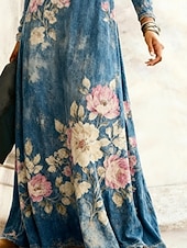 cheap Print Floral Dresses-Women's Long Dress Maxi Dress Casual Dress Swing Dress Boho Dress Vintage Daily Outdoor Weekend Regular Fit Floral Long Sleeve Crew Neck Blue Spring Fall Winter