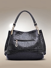 billiga Hand- och toteväskor-Damhandväska i konstläder med krokodilprägling, julklar, finns i rött, blått och svart – snygg vinteraxelväska med justerbar rem och gulddetaljer