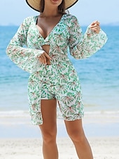 tanie 3-częściowy zestaw bikini-Damskie Stroje kąpielowe Bikini Trzyczęściowy Krótkie spodnie Kostium kąpielowy Szczupła Odkryte plecy Urlop Stroje plażowe Kwiaty Liście W serek Bez rękawów Kostiumy kąpielowe