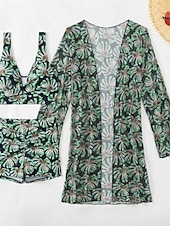 tanie 3-częściowy zestaw bikini-Damskie Stroje kąpielowe Bikini Trzyczęściowy Krótkie spodnie Kostium kąpielowy Szczupła Odkryte plecy Urlop Stroje plażowe Kwiaty Liście W serek Bez rękawów Kostiumy kąpielowe