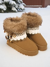 billige Snow &amp; Winter Boots-Brune, koselige støvletter med fuskepelsfôr og heklede detaljer til dame – uformelt vintersko med perledetaljer og mykt plysjfôr, perfekt til jul, høytidsgaver og uformelle vinterturer.
